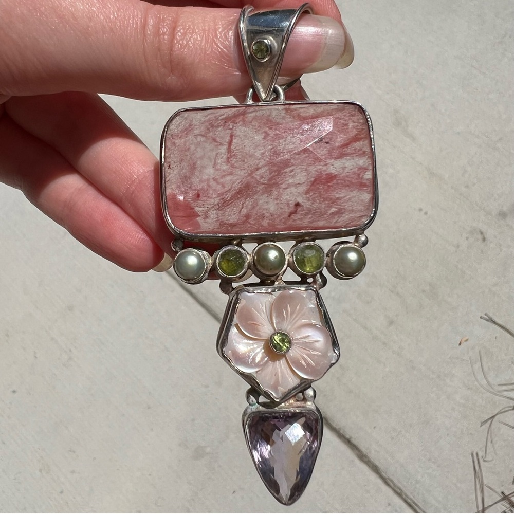Large Multi Stone Pendant 925 Strawberry Quartz Pearl Peridot Rose De France Amy